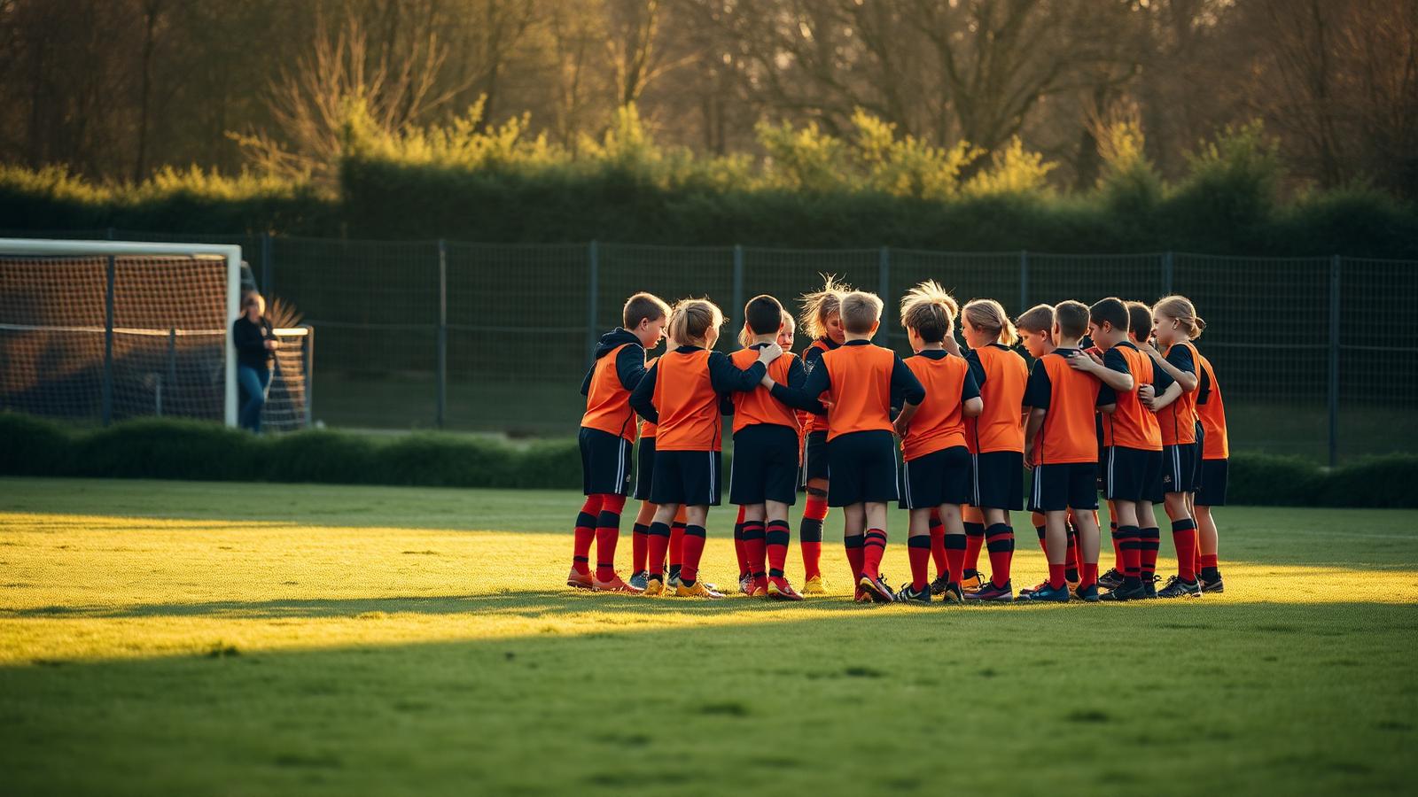 Junior footballers in orange and black kits huddling on the village recreation ground