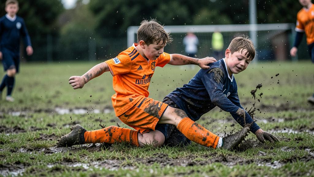 Close-up of a sliding tackle in a junior football match