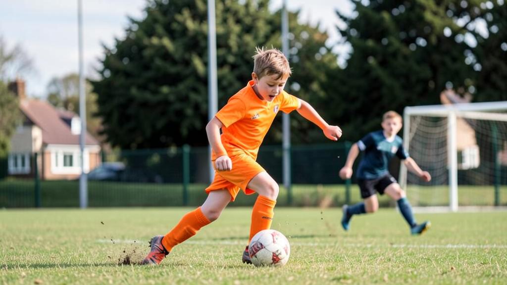 Junior footballer shooting at goal with the goalkeeper diving
