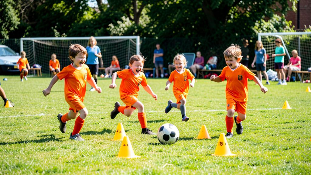 Young children playing a fun game with cones at football training