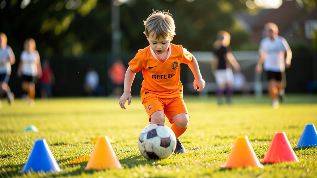 Close-up of a young child dribbling a football on a muddy pitch