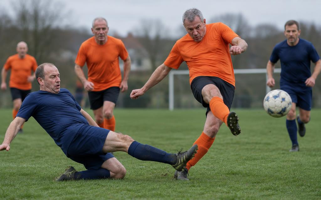 Over-40s footballer in orange striking the ball as an opponent slides in