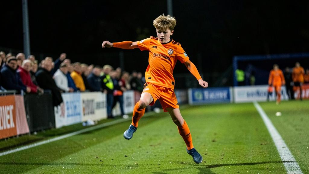 Youth footballer rising to head the ball in a match