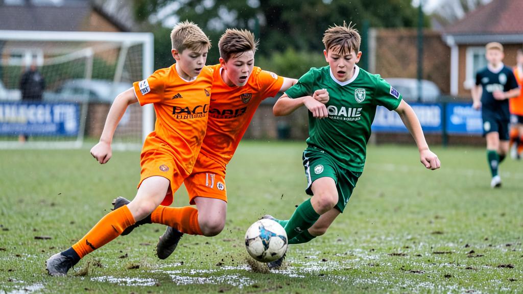 Footballer volleying the ball towards goal